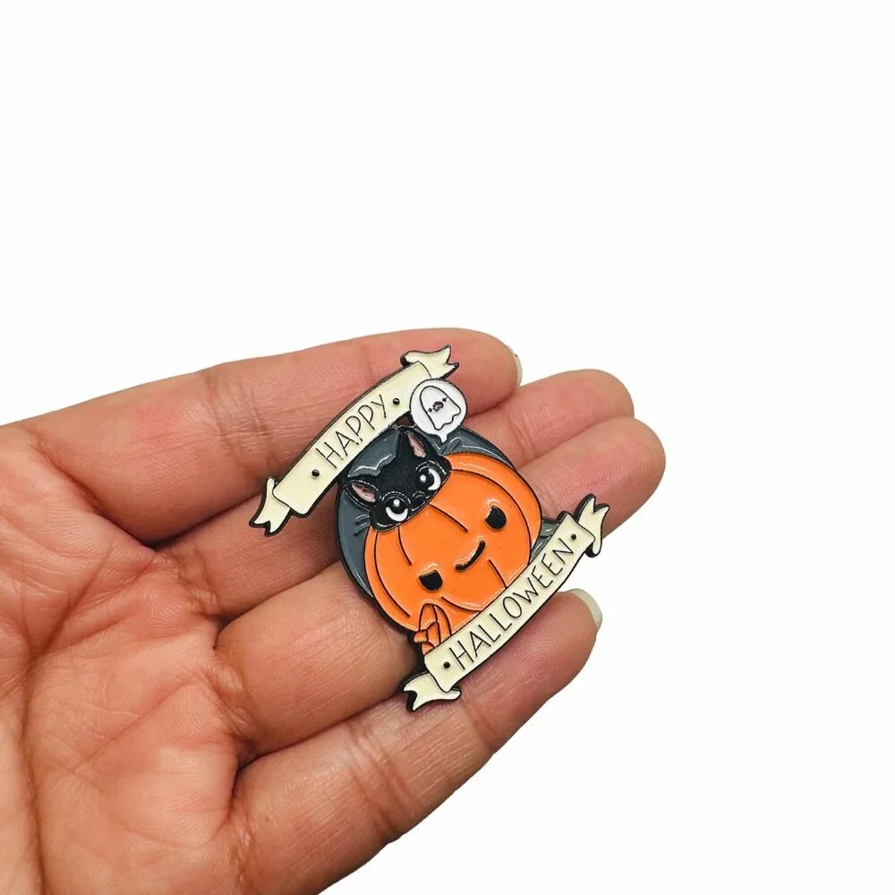🤩Enamel Pins Halloween Punk Cute Ghost Pumpkin Skull Brooch Lapel Pin Orange Ne